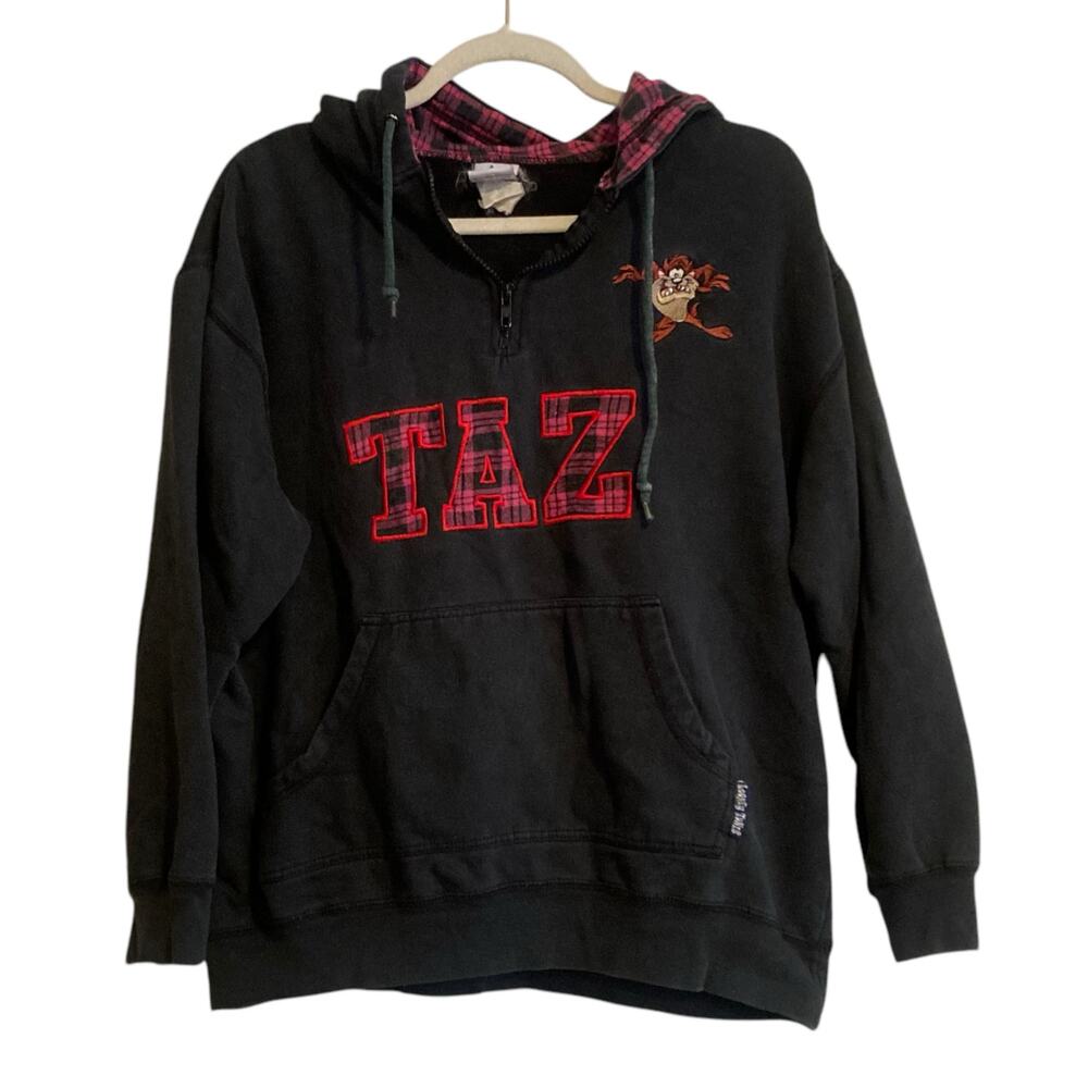 Y2K Looney Tunes Black Pink Plaid Taz Tasmanian Devil cartoon Hoodie Size Medium - Picture 1 of 16